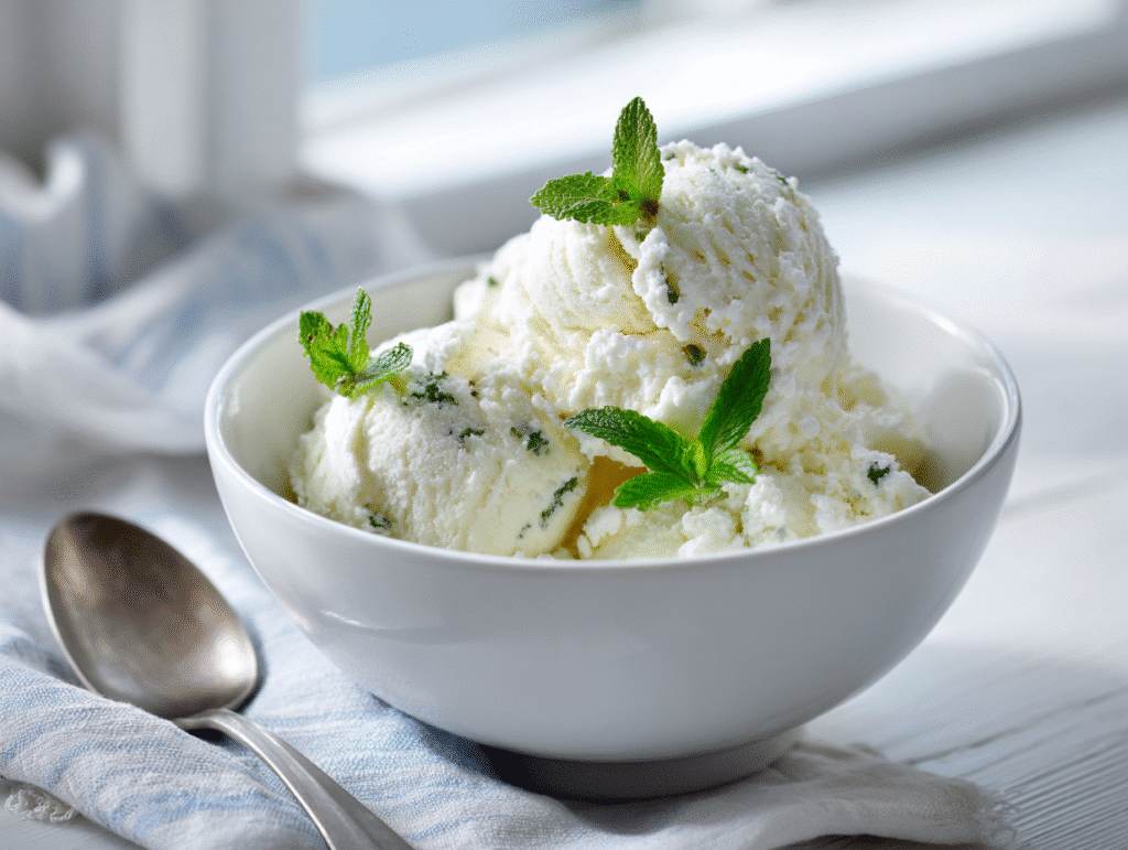 Cottage cheese ice cream scooped in a bowl
