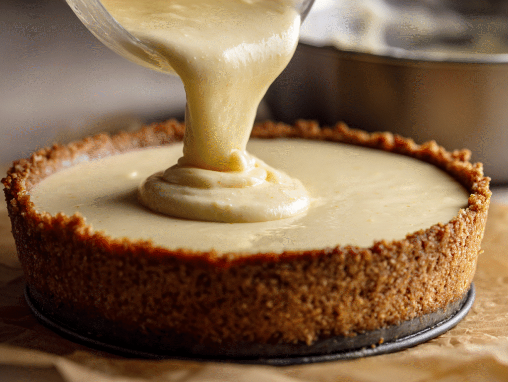 Pouring banana cheesecake filling into crust