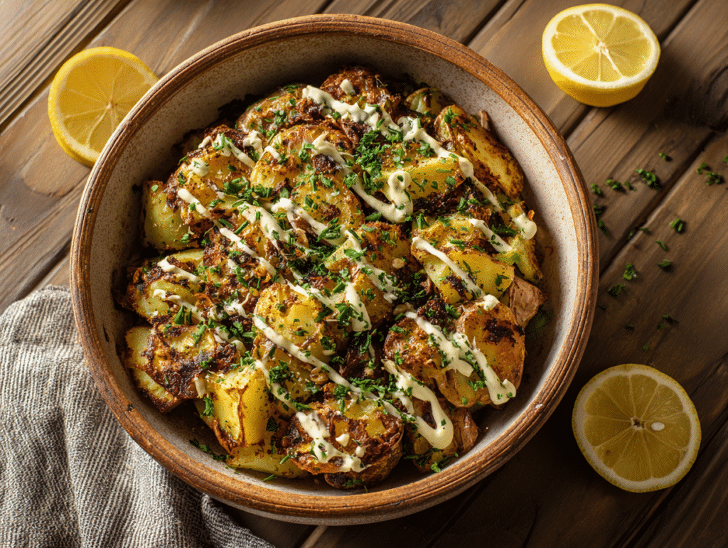 Crispy smashed potato salad serveCrispy smashed potato salad serve