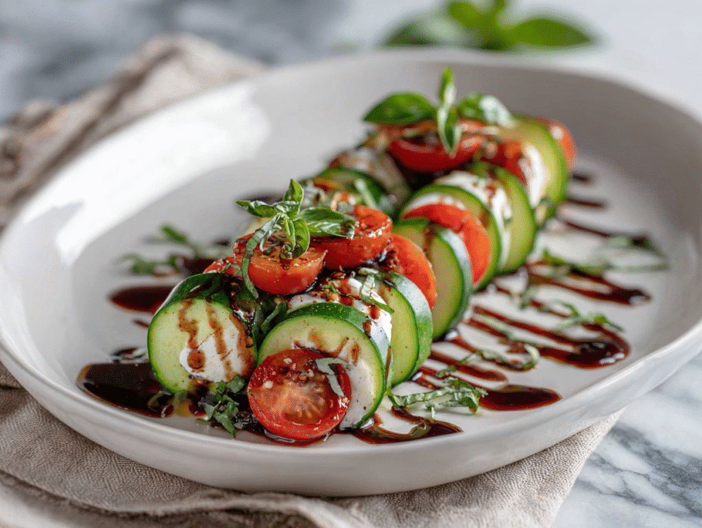 cucumber caprese salad with balsamic glaze on white plate
