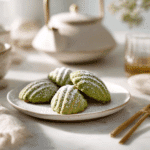 Freshly baked matcha madeleines being gently unmolded with a fork onto a wire cooling rack, golden shell shapes facing up, light dusting of powdered sugar nearby, soft natural light, cozy kitchen background, slightly steamy, clean composition