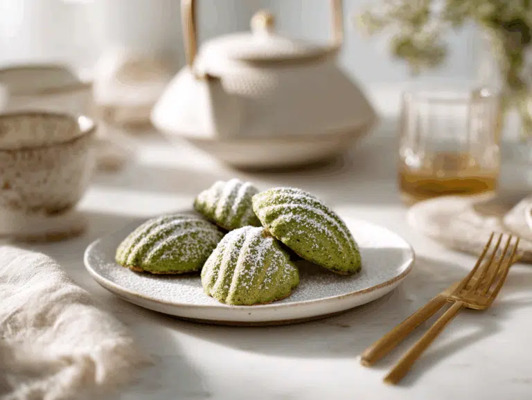 Freshly baked matcha madeleines being gently unmolded with a fork onto a wire cooling rack, golden shell shapes facing up, light dusting of powdered sugar nearby, soft natural light, cozy kitchen background, slightly steamy, clean composition