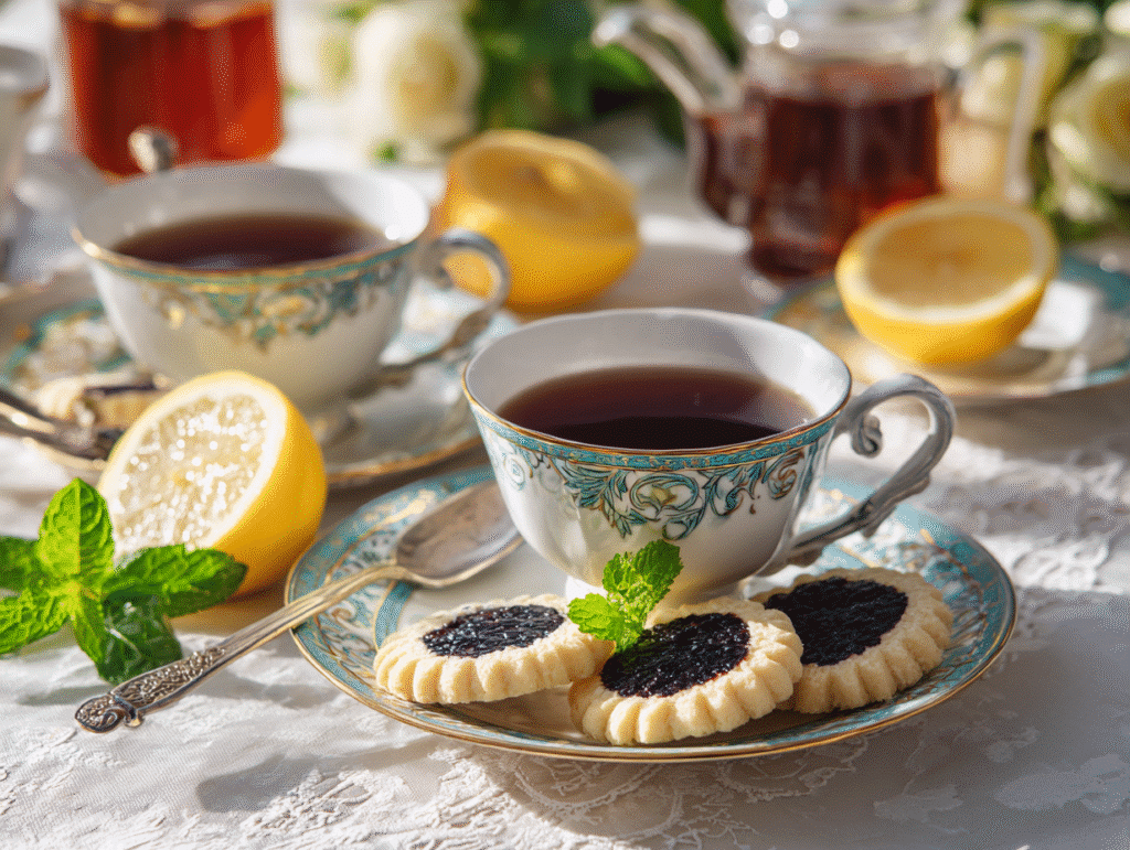 Black raspberry shortbread cookies served with tea