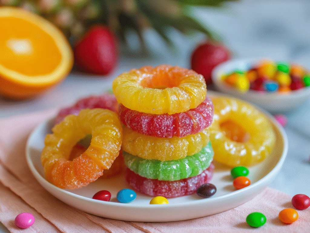 Candied Pineapple Skittle Rings ready to serve