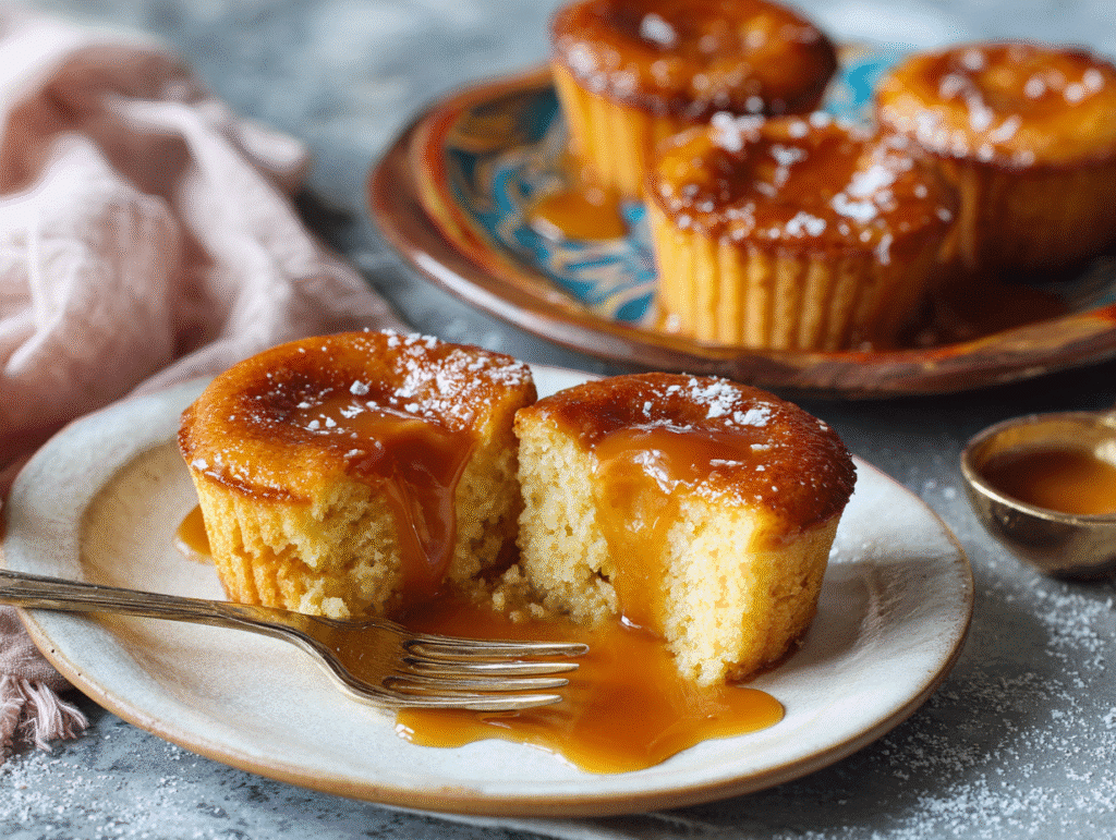 Served caramel flan muffin on plate