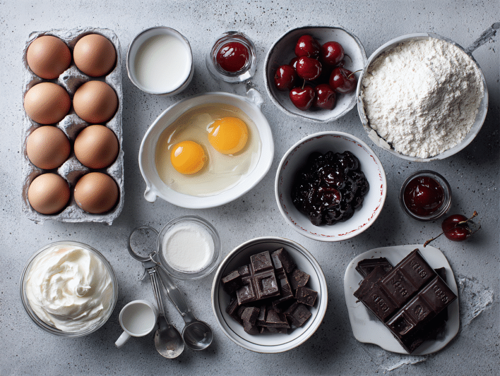 Ingredients for Black Forest Bundt Cake including cherries, chocolate, and sour cream