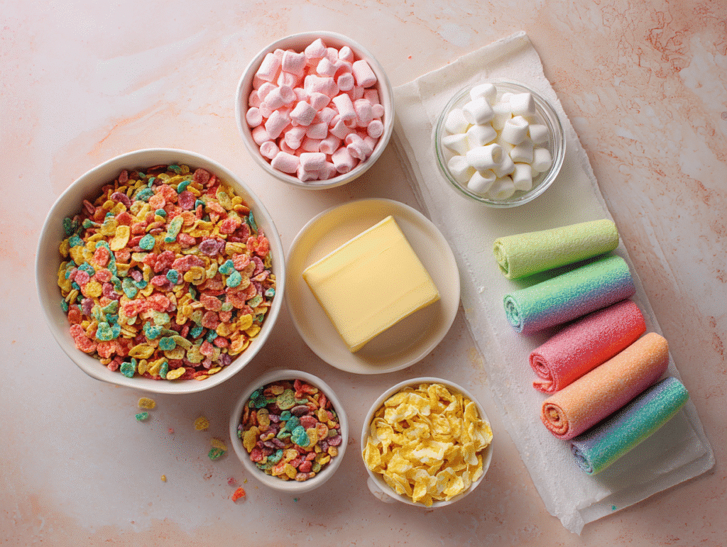Fruity Pebbles Sushi ingredients flat lay