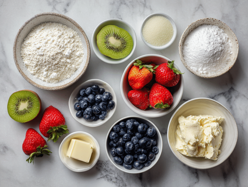 fruit pizza cookie ingredients flat lay