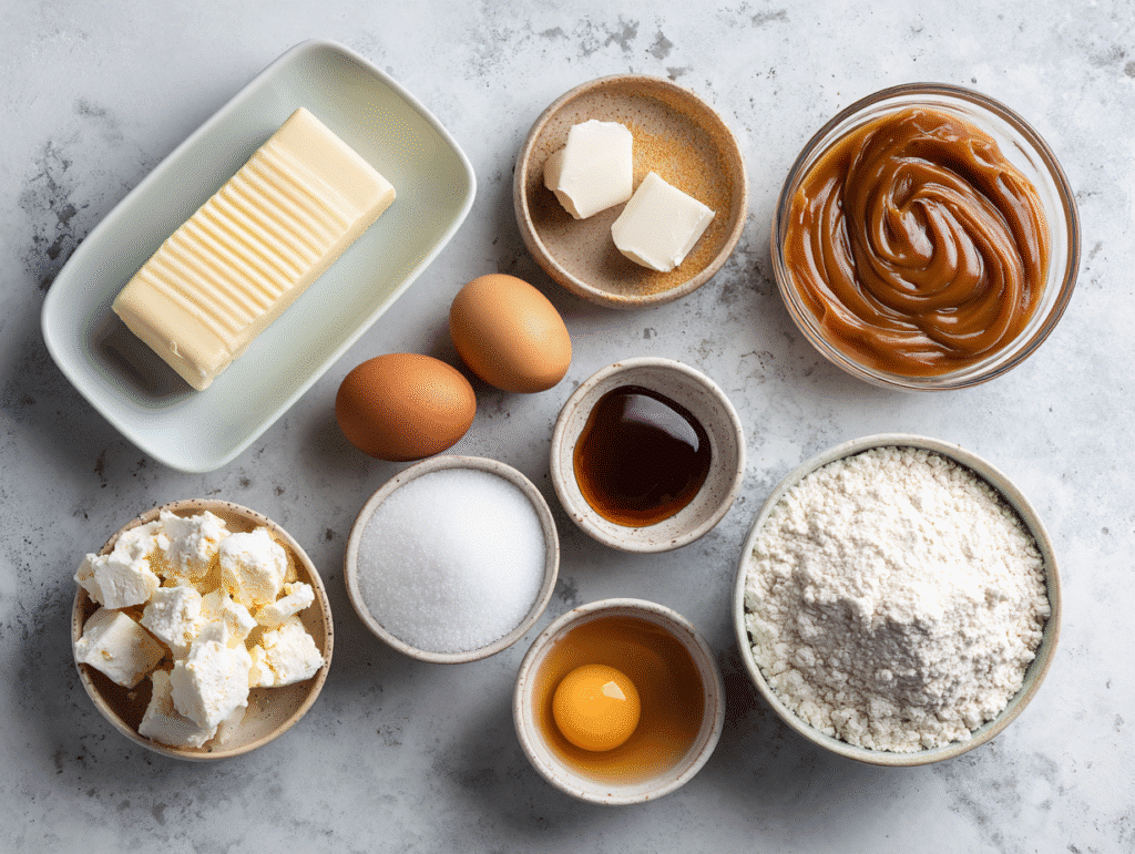 Ingredients for caramel cheesecake cookies on a marble counter