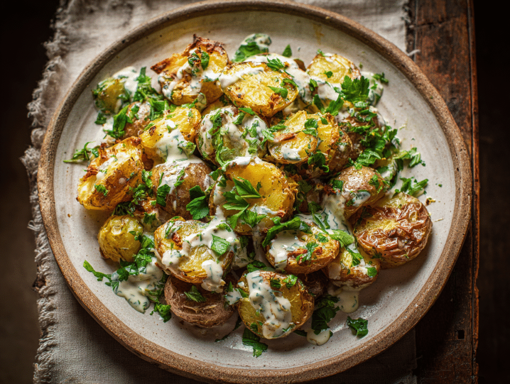 Crispy smashed potato salad with creamy dressing