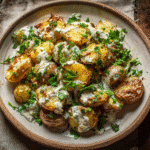 Crispy smashed potato salad with creamy dressing