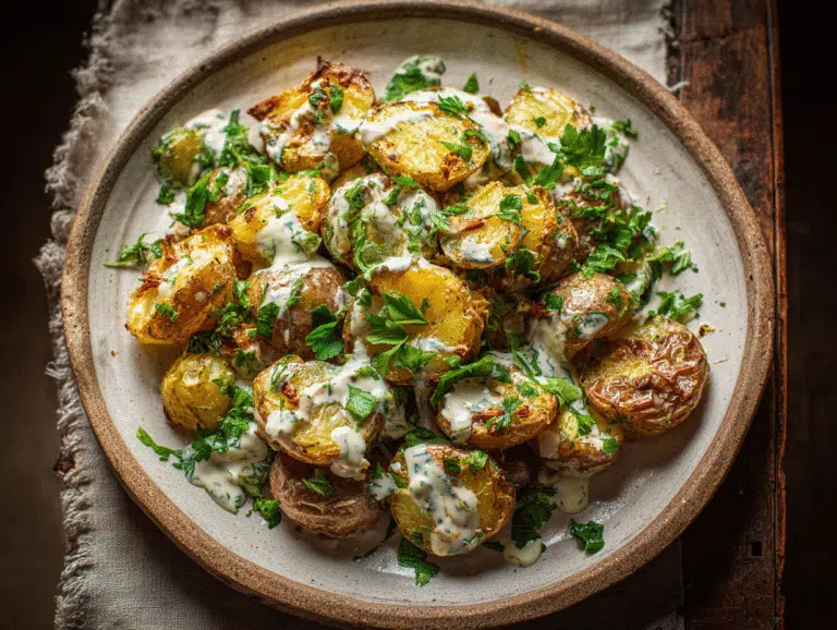 Crispy smashed potato salad with creamy dressing