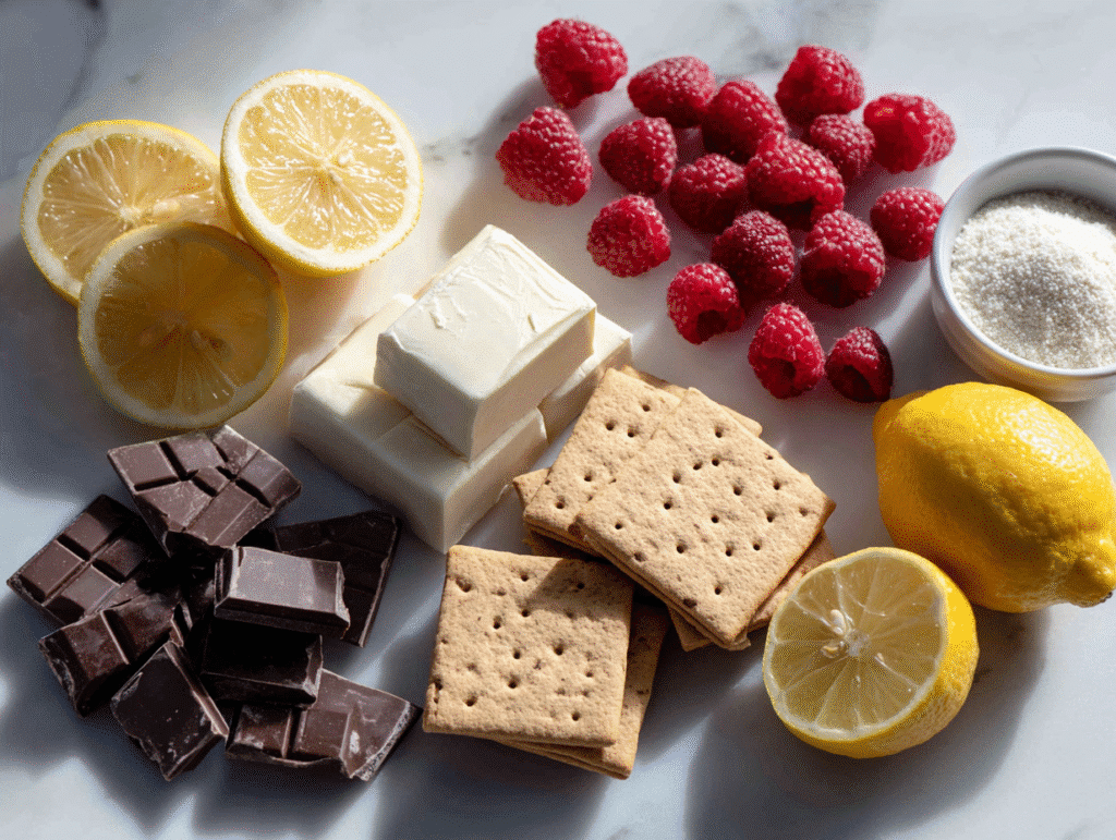 Ingredients for dark chocolate raspberry cheesecake