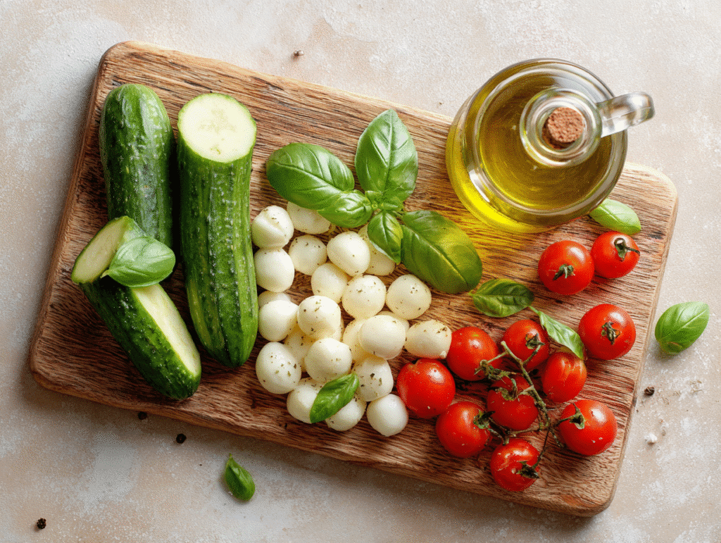 ingredients for cucumber caprese salad on wooden boardingredients for cucumber caprese salad on wooden board