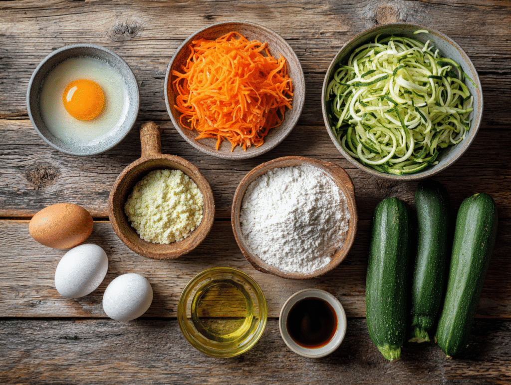 zucchini carrot muffin ingredients laid out
