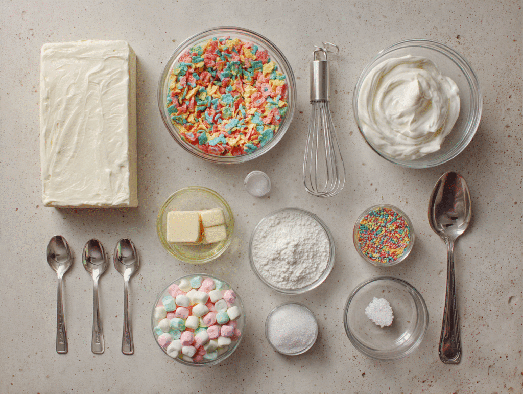 Fruity Pebbles Cheesecake Tacos ingredients flat lay