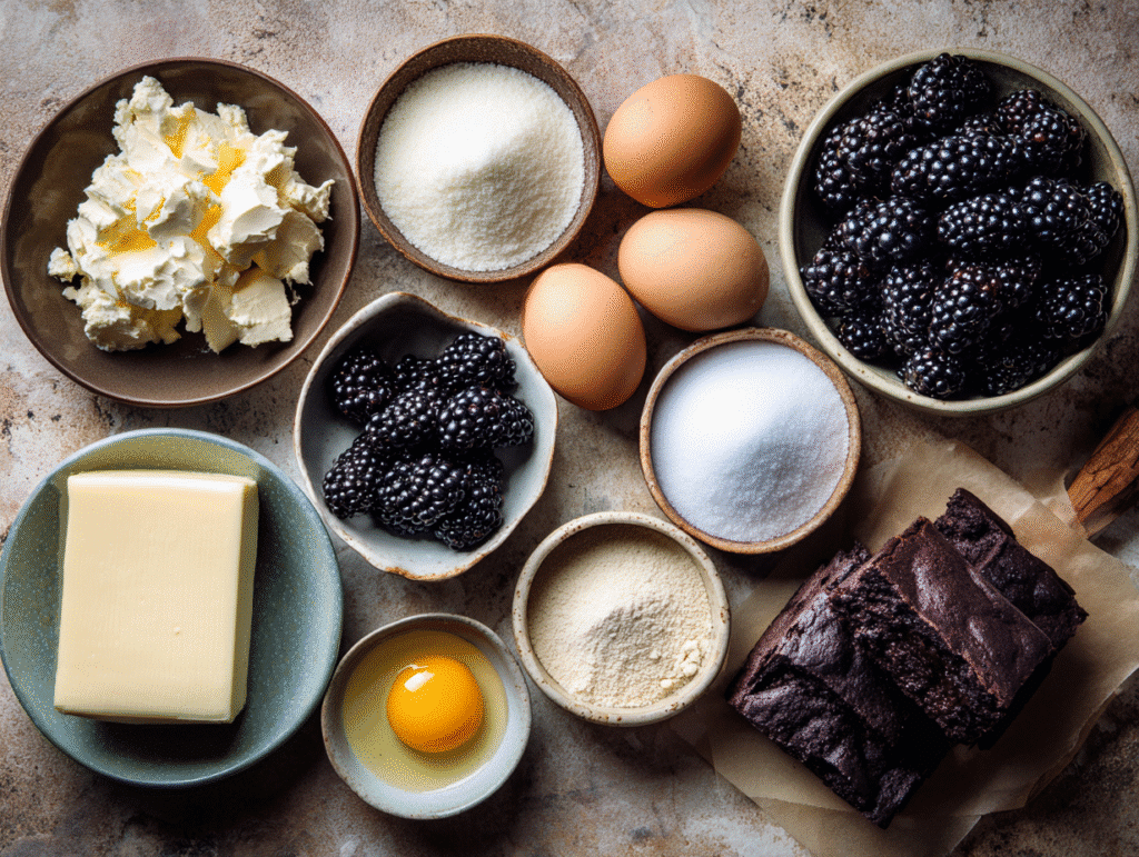 Ingredients for blackberry cheesecake brownies