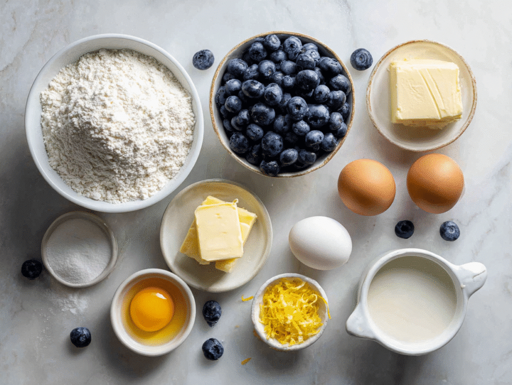 Ingredients for buttermilk blueberry breakfast cake