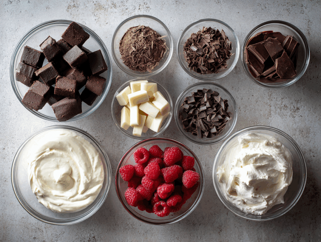 Ingredients for Chocolate Brownie Trifle Flat Lay