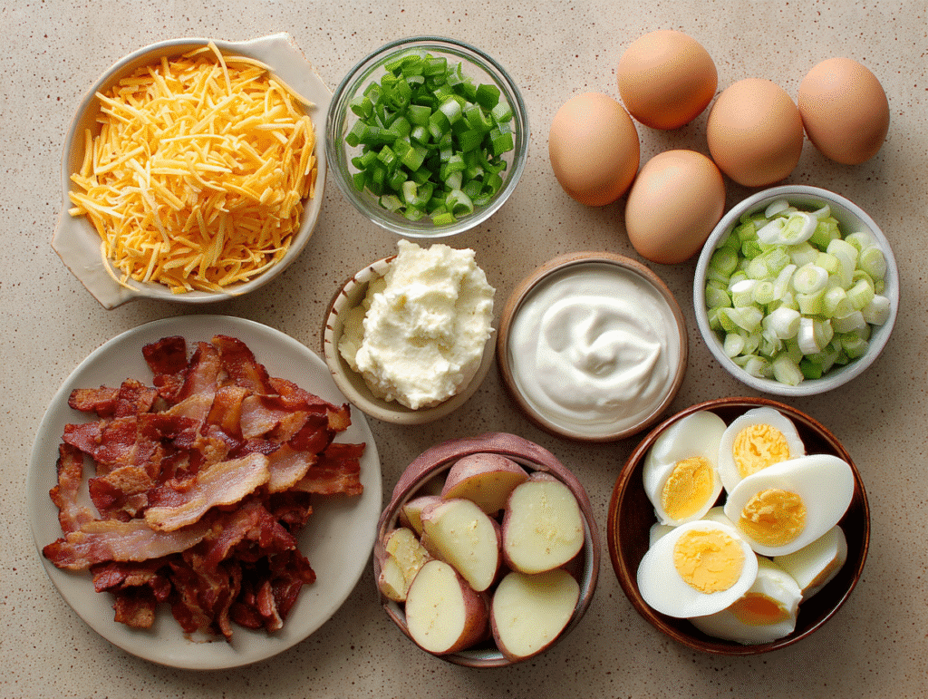 Ingredients for loaded potato salad laid out on neutral background