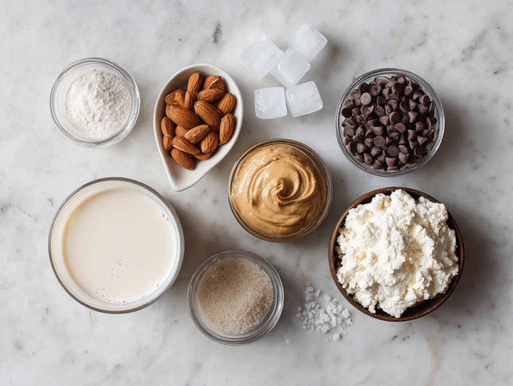 Ingredients for chocolate chip cookie dough protein shake