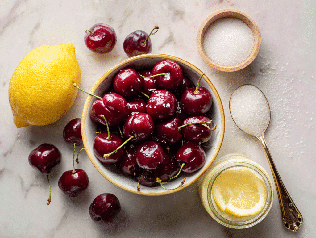 Ingredients for small batch sour cherry jam recipe
