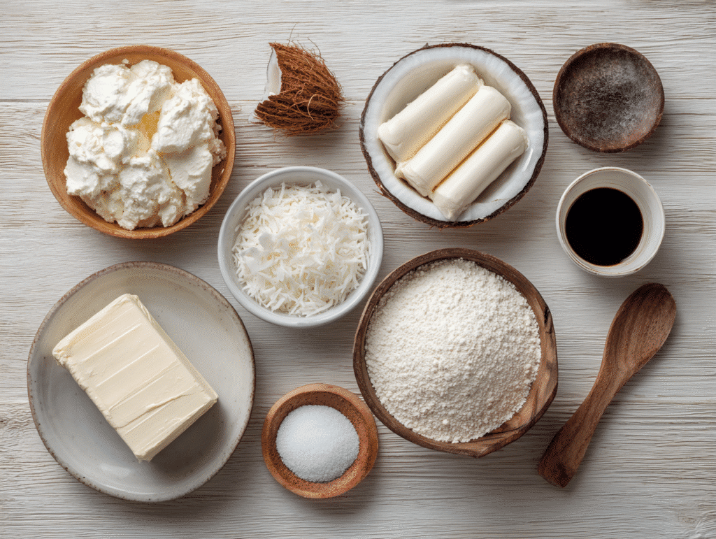 Ingredients for keto coconut cheesecake on a wooden table