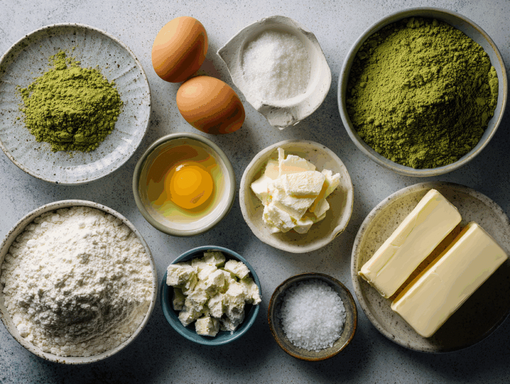 Ingredients for making matcha donuts from scratch