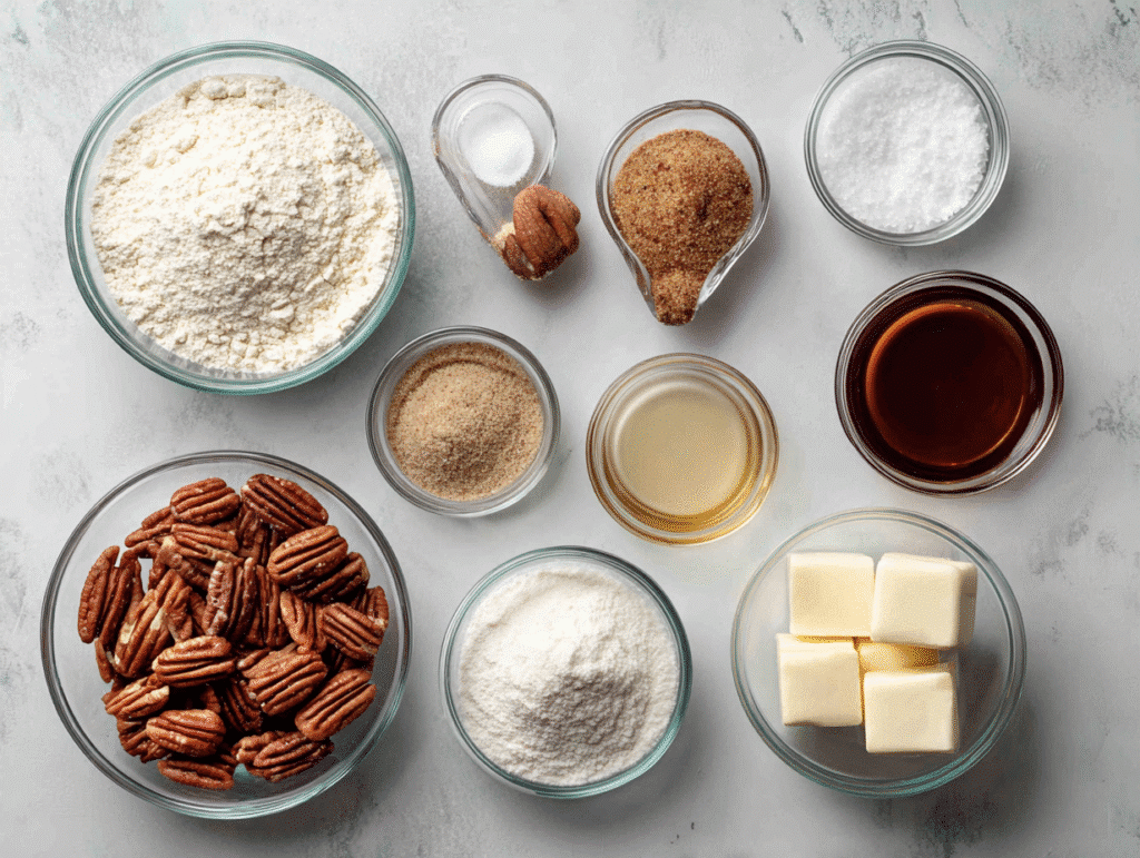 Ingredients for keto pecan pie bars on a kitchen counter

