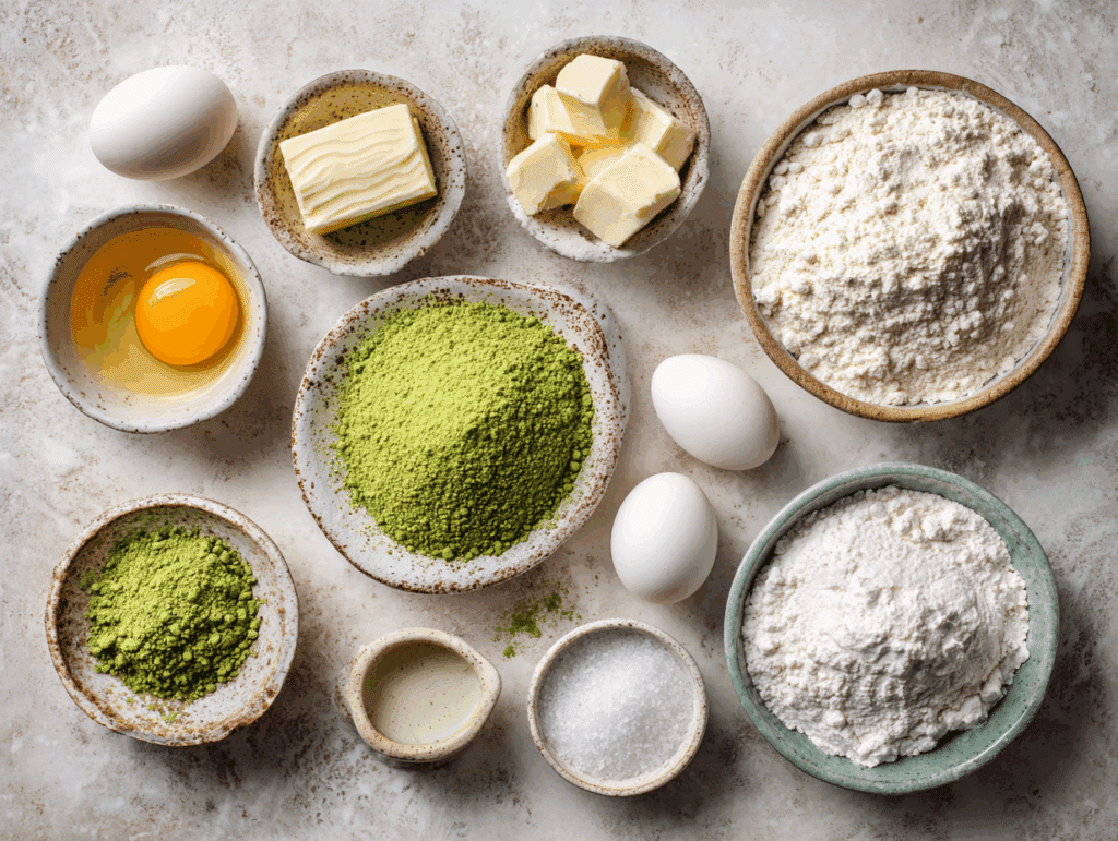 Matcha madeleine ingredients on countertop