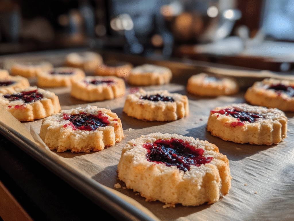 Baked black raspberry and lemon shortbread cookies cooling