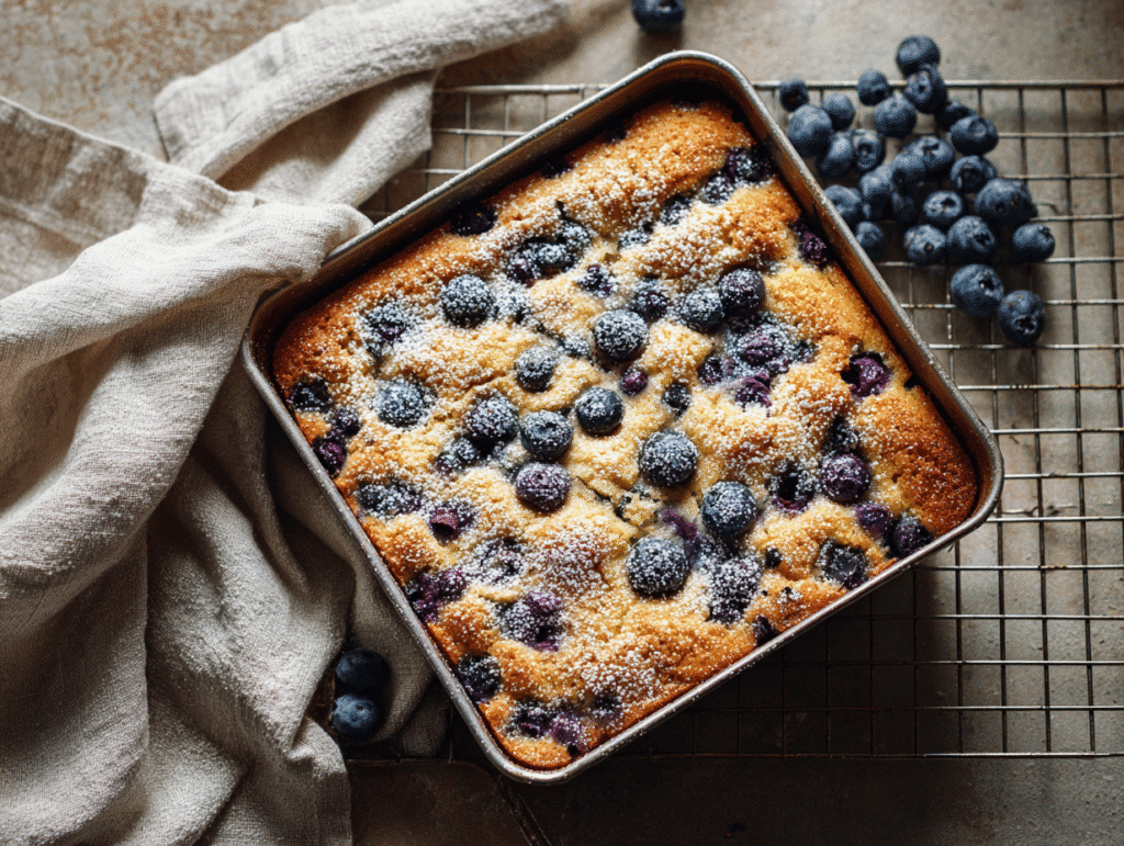 Baked blueberry breakfast cake in pan