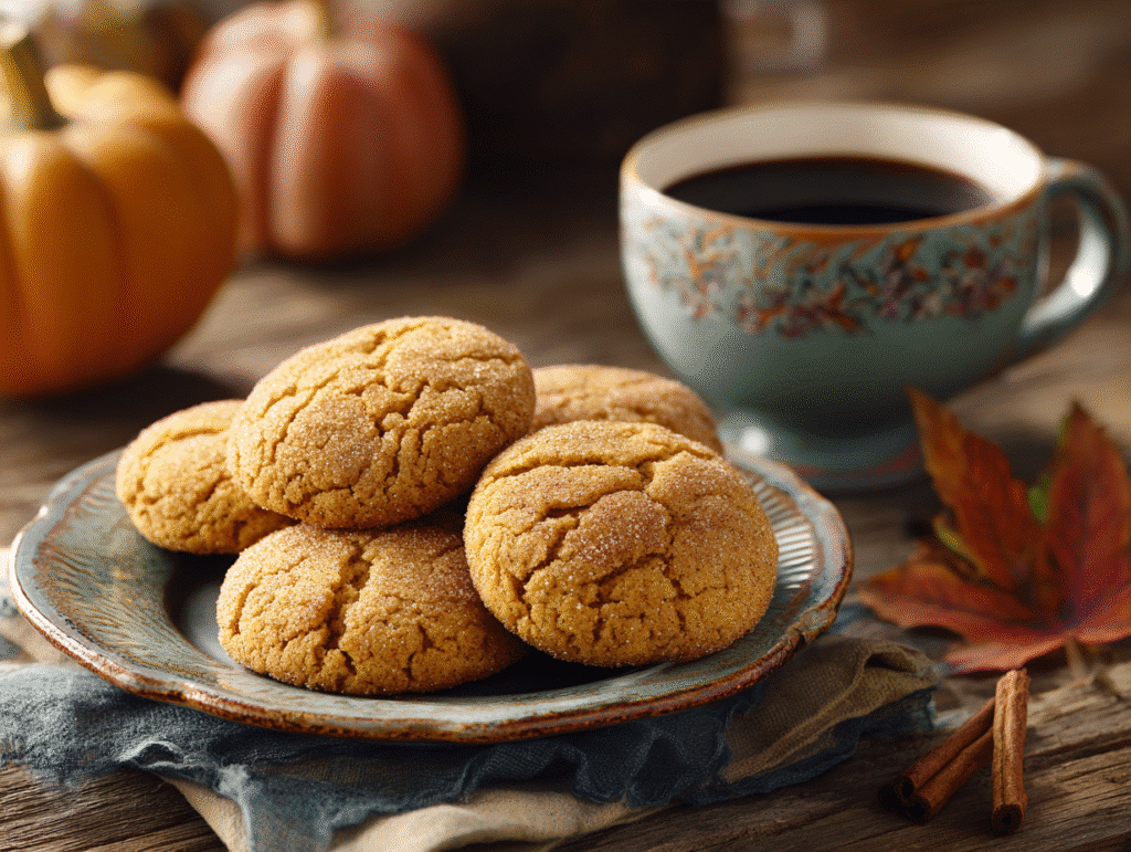 Serving chewy pumpkin snickerdoodle cookies with coffee
