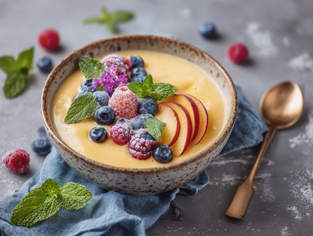 Smoothie bowl made with frozen peaches
