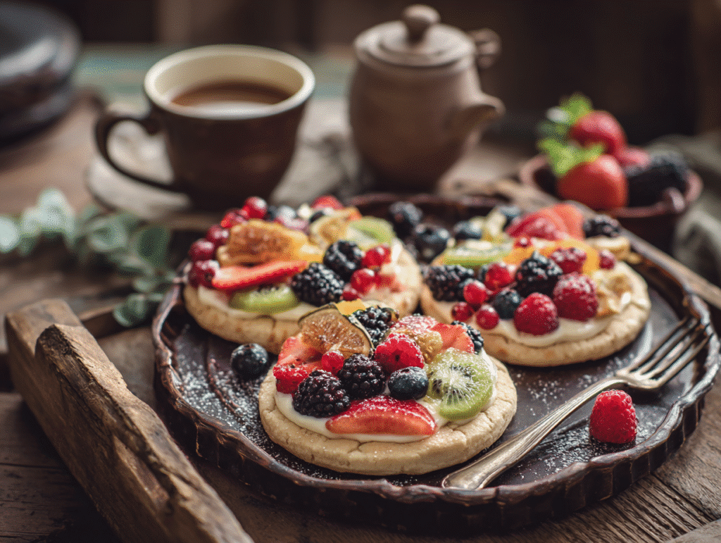 fruit pizza cookies served with coffee