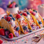 Fruity Pebbles Cheesecake Tacos on serving tray