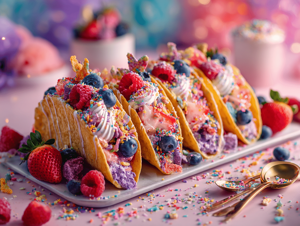 Fruity Pebbles Cheesecake Tacos on serving tray