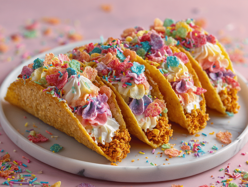 Fruity Pebbles Cheesecake Tacos served on a marble plate