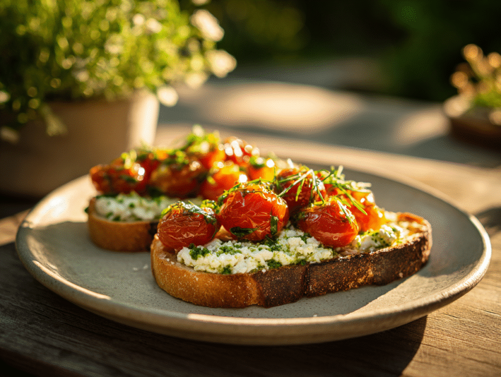 Garlic scape pesto on toast with roasted tomatoes