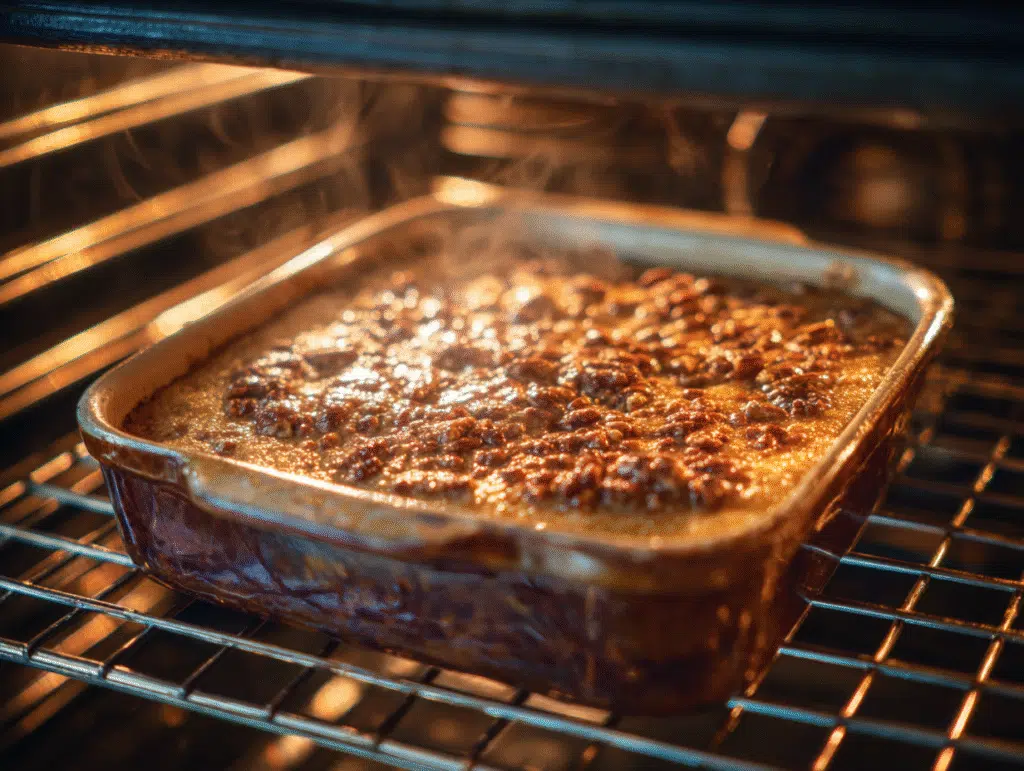 Caramel pecan topping over crust before final bake