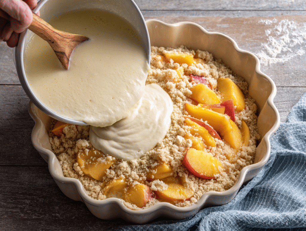 Pouring cobbler batter