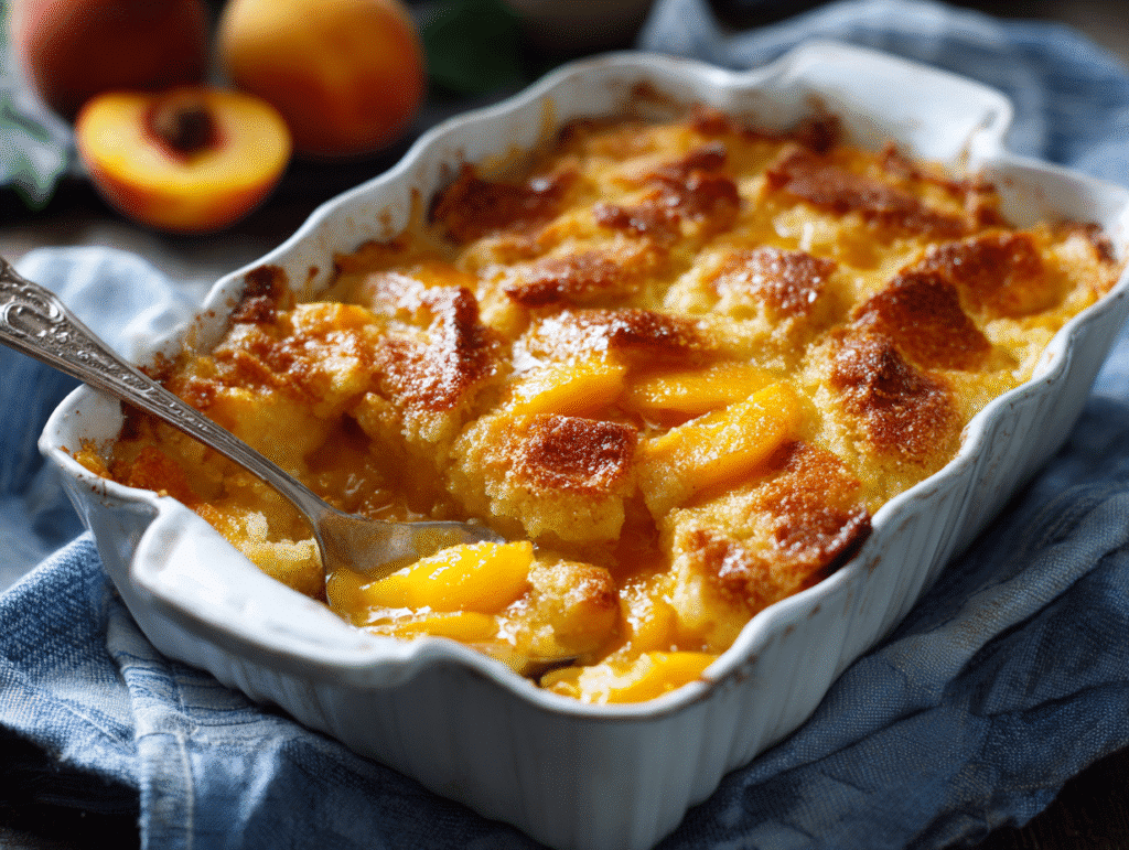 Baked peach cobbler with golden crust