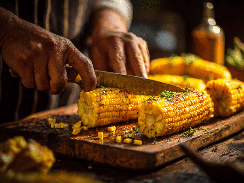 Grilled corn being sliced off the cob