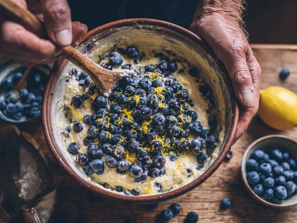 Mixing blueberry breakfast cake batter