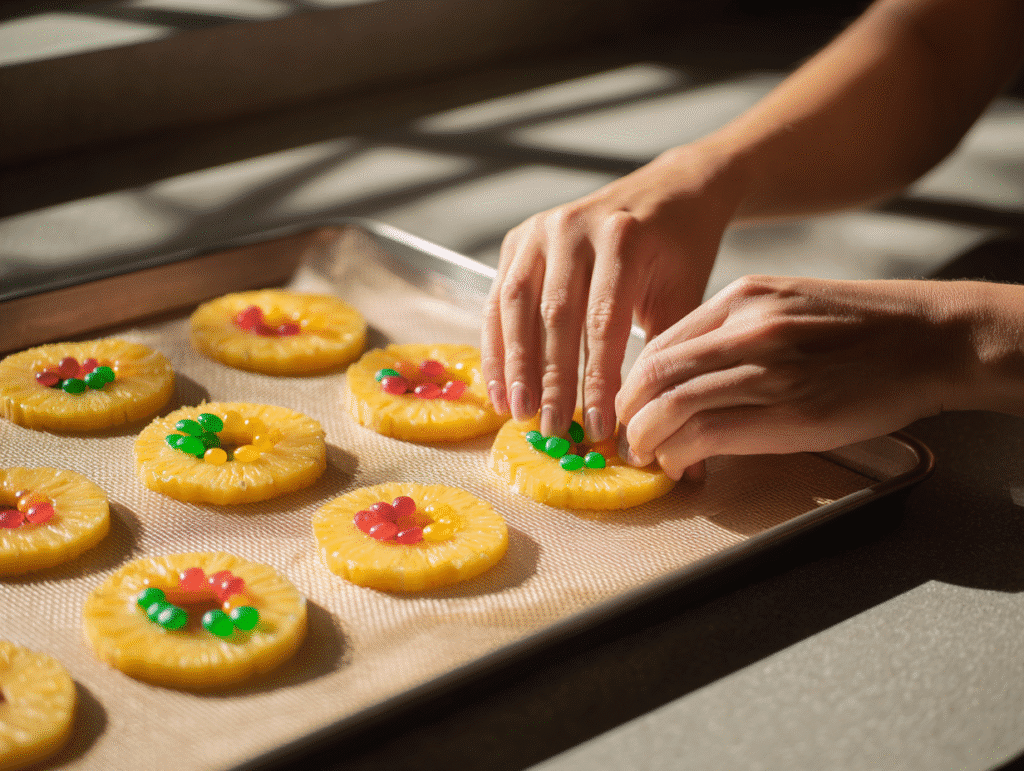 Arranging pineapple and Skittles for candying