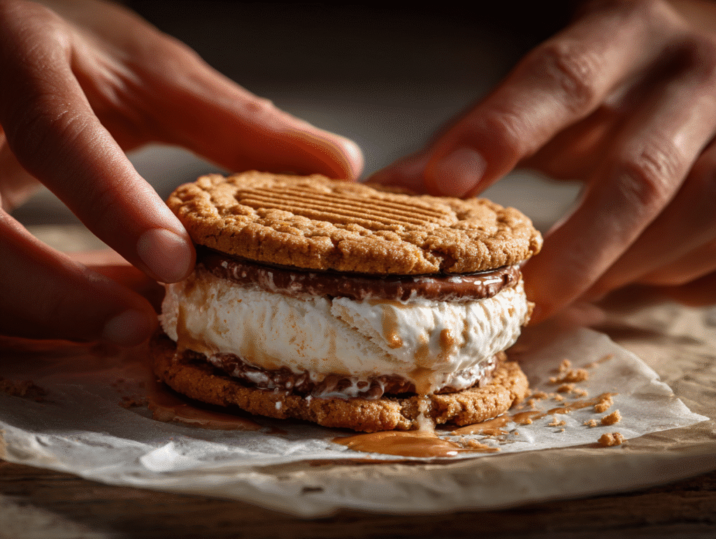 Hands stacking ice cream sandwich