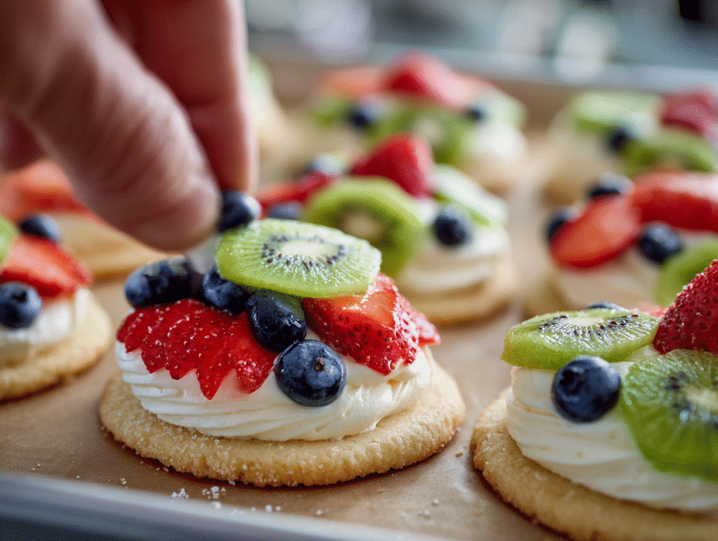 frosting and topping fruit pizza cookies