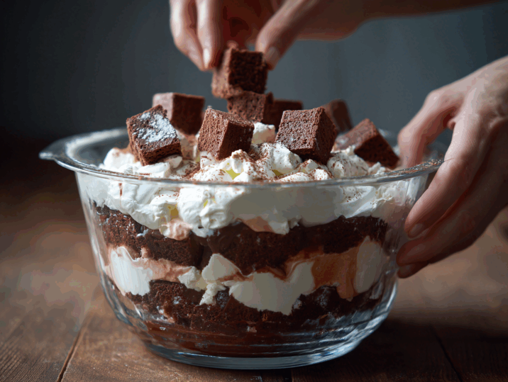 Placing Brownie Cubes into Trifle Bowl