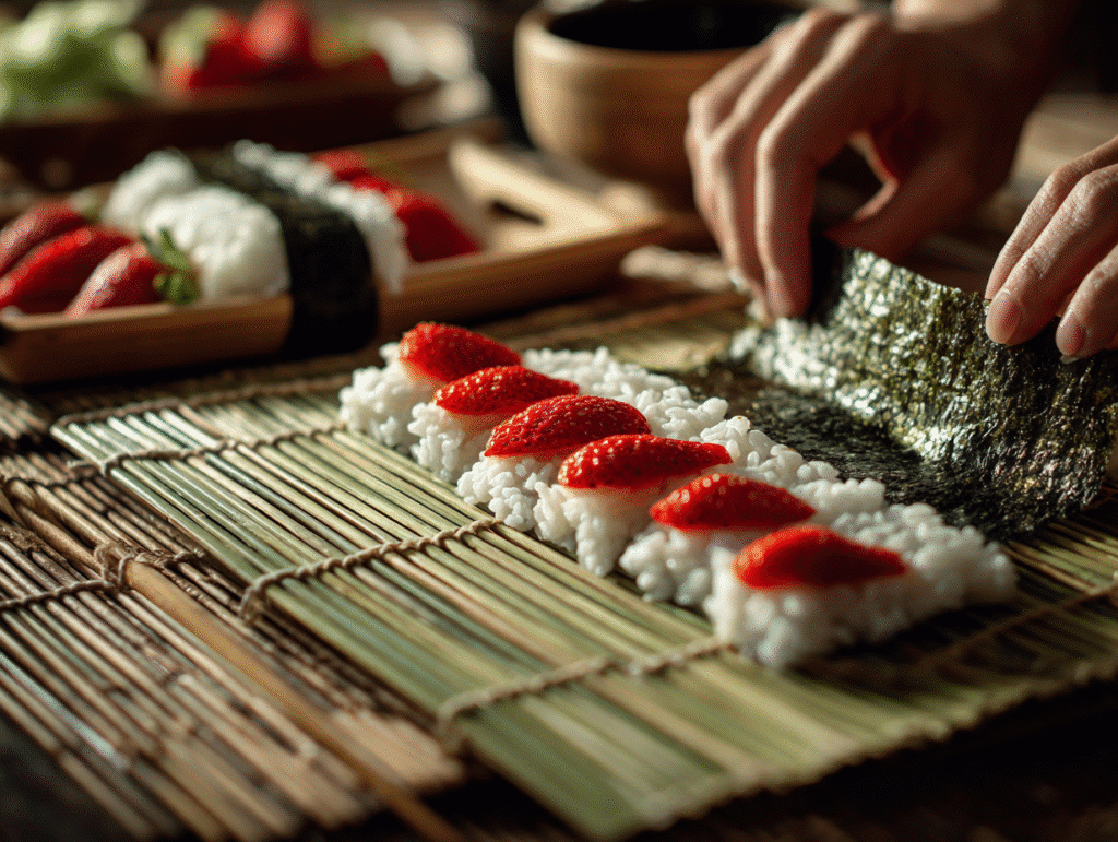 rolling strawberry sushi step