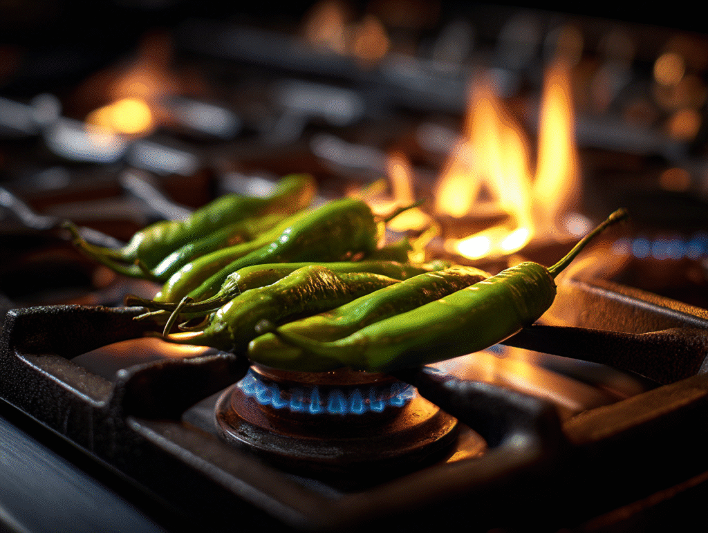 Roasting Hatch green chilis over flame